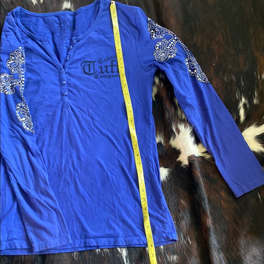COWGIRL TUFF Blue Long Sleeve Shirt with Embellished Sleeves xxl